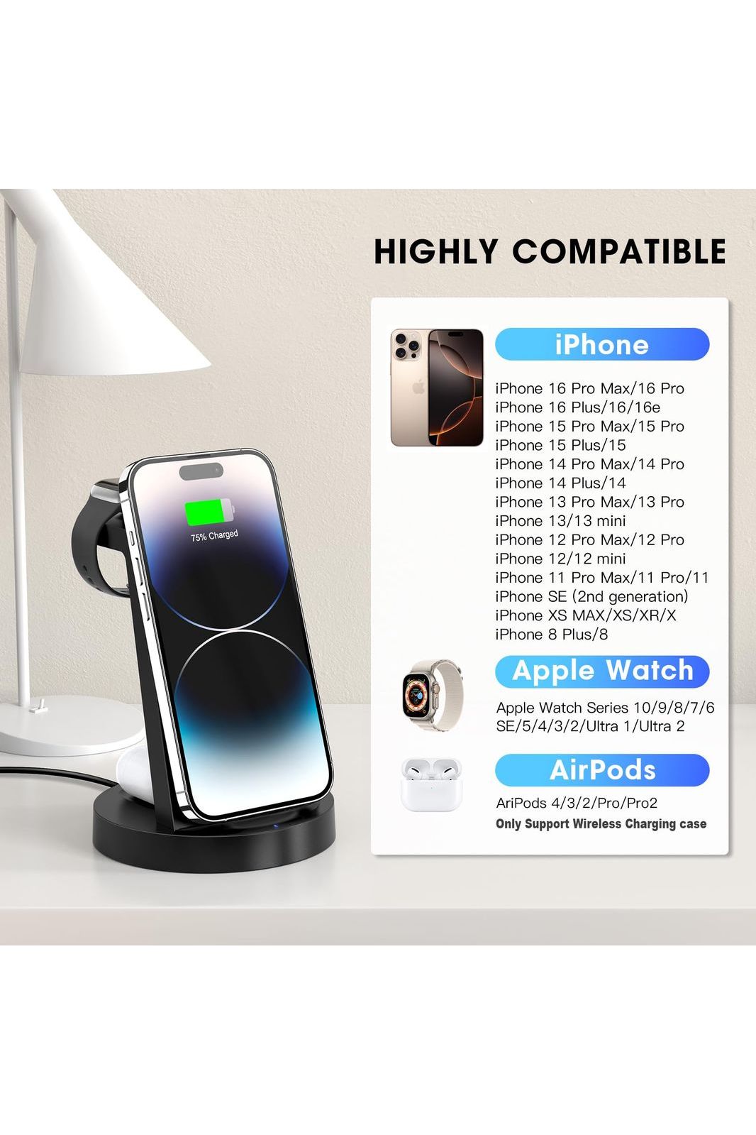 3 in 1 Charging Station for iPhone, Wireless Charger for iPhone 16e 16 15 14 13 12 11 X Pro Max & Apple Watch - Wireless Charging Station for AirPods 4 3 Pro