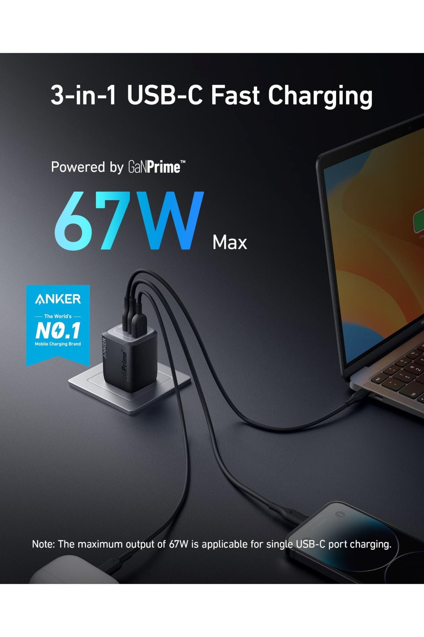 Anker Prime 67W USB C Charger, Anker GaN 3-Port Compact Fast PPS Wall Charger, for MacBook Pro/Air, Pixelbook, iPad Pro, iPhone 16/15/Pro, Galaxy S25/S24, Note20, Pixel, Apple Watch