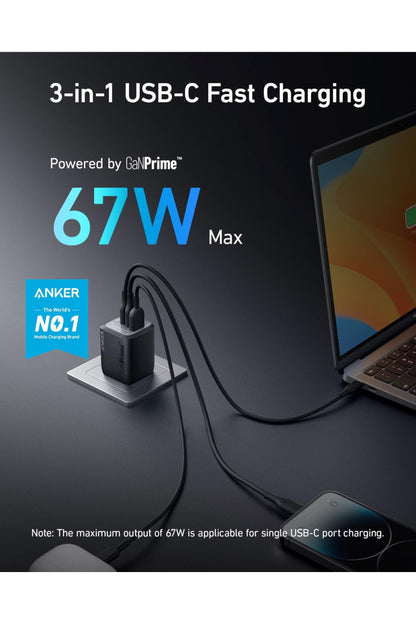 Anker Prime 67W USB C Charger, Anker GaN 3-Port Compact Fast PPS Wall Charger, for MacBook Pro/Air, Pixelbook, iPad Pro, iPhone 16/15/Pro, Galaxy S25/S24, Note20, Pixel, Apple Watch