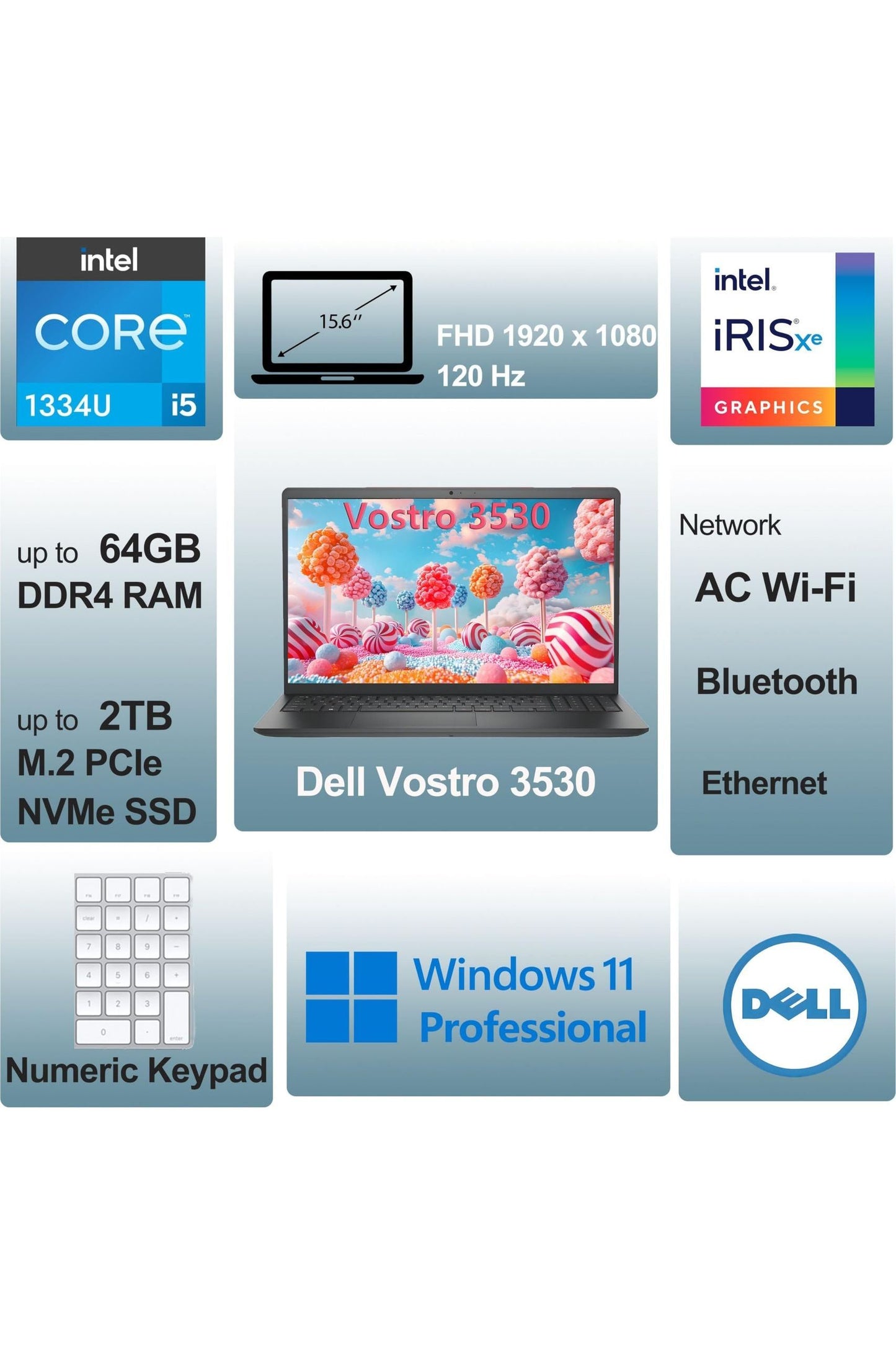 Dell 15.6" 3530 Laptop Computer Intel 10-Core i5-1334U (Beat i7-1250U), 32GB RAM, 1TB PCIe SSD