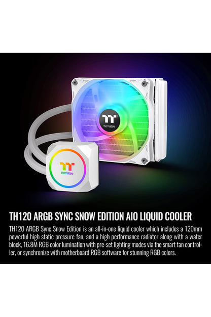 Thermaltake TH120 ARGB Motherboard Sync Snow Edition Intel LGA1700 Ready/AMD AM5 All-in-One Liquid Cooling System 120mm High Efficiency Radiator CPU Cooler CL-W346-PL12SW-A, White