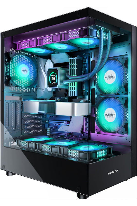 MUSETEX PC CASE ATX 6 PWM ARGB Fans Pre-Installed, Type-C Mid Tower Computer Case