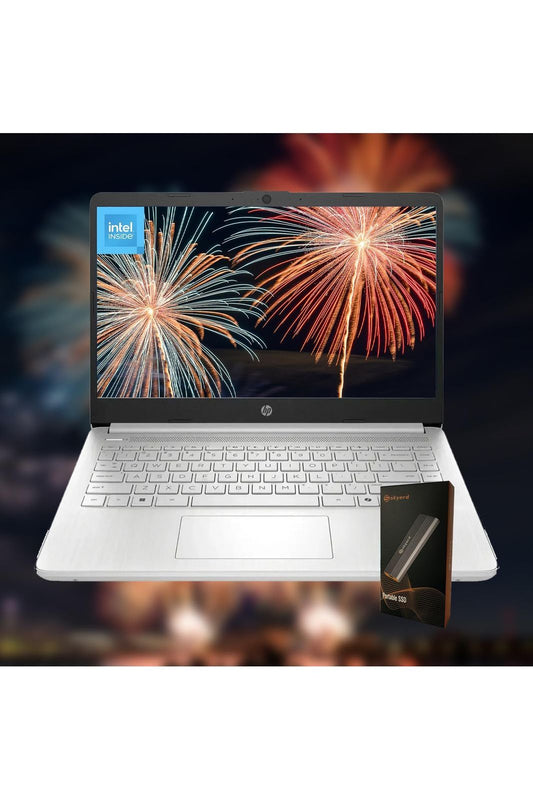 HP 14" Laptop, Copilot AI, 16GB RAM, 640GB Storage (128GB UFS with Skyerd 512GB Portable SSD), N150 4 Cores Intel Processor